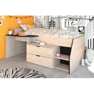 Parisot Hochbett Milky (Jugendbett 90 x 200 cm, Eiche mit schwarz) mit viel Stauraum beige