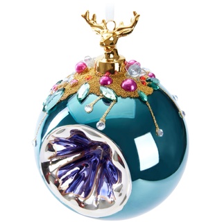 BRUBAKER Premium Weihnachtskugel Blau mit Hirsch Figur - 10 cm Christbaumschmuck mit Perlen Dekorationen - Von Hand dekorierte Baumkugel aus Glas - Weihnachtsdeko Christbaumkugel