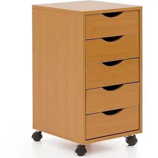 Wohnling Rollcontainer 33x38x64 cm Buche MDF mit 5 Schubladen | Schreibtisch-Container mit Eingriffen, Rollschrank zeitlos, Schubladencontainer für Büro und Homeoffice