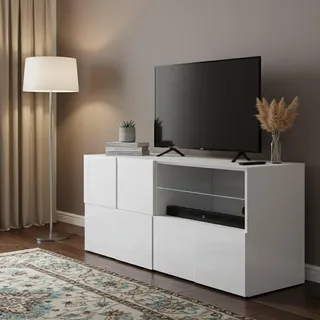 Dmora - Fernsehschrank Trasimeno, TV-Ständer für das Wohnzimmer, Niedriges Sideboard, TV-Ständer, Made in Italy, 122x43 h57 cm, Glänzendes Weiß