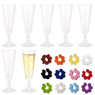 NAMIS Sektgläser Plastik 20 Stück Champagnerflöten aus Kunststoff 150ml Mehrweg Sektgläser mit Weinglas Marker Silikon Plastik Sektgläser für Hochzeit Party Picknicks Outdoor (Transparent)