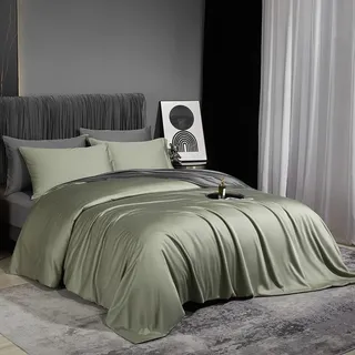 DXHOME Bambus Bettwäsche 135x200cm Salbeigrün Grün Dunkelgrau Glatt Luxus Einzelbett Wende Sommerbettwäsche Luxus Lyocell Kühlende Bambusfaser Bettbezug mit Reißverschluss und 1 Kissenbezug 80x80cm
