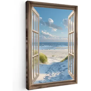 LEINWANDBILD Aussicht - Strand - Fenster - Dünen - Meer Deko Groß 90x140 cm