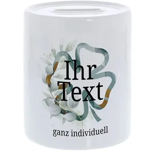 Spardose Erwachsene personalisiert mit Namen, Keramik, Aquarell Kleeblatt | Geldgeschenk als Glücksbringer – Gelddose mit Kleeblatt-Motiv für Urlaubskasse, Führerschein oder Umzug