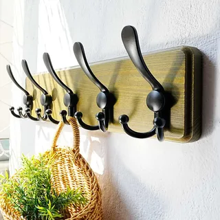 Dseap Garderobe, Garderobenhaken - Robust Vintage Garderobenleiste Holz mit 5 Dreifachhaken, Kleiderhaken Wand, Hakenleiste, für Jacken Mäntel Handtaschen, Retro Grün & Schwarz
