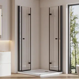 Cozynest Duschkabine Schwarz 70x70cm Eckeinstieg Eckdusche mit Drehfalttür, Doppelte Faltbare Duschtür 180o Duschwand Duschabtrennung aus 6mm ESG Sicherheitsglas Höhe 185cm