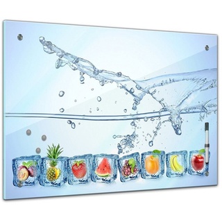 Bilderdepot24 Glasbild, Memoboard - Essen & Trinken - Eiswürfel mit Wasserspritzer bunt 80 cm x 60 cm