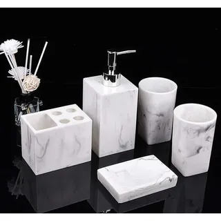 Yiyida Badezimmer Zubehör Badausstattung Sets 5-Teiliges aus Harz,Marmor Aussehen mit Seifenspender, Zahnputzbecher, Seifenschale,Zahnbürsten-Halter, luxuriöses Badezimmer-Set Weiß Schwarz