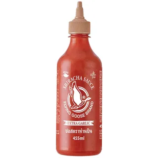 FLYING GOOSE Sriracha Chilisauce, mit extra Knoblauch, scharf, braune Kappe, scharfe Würzsauce aus Thailand, 1 x 455 ml