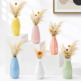 6er Keramik Vase, Kleine Vasen Set, 6 Formen&Farben Blumenvase Modern,Glänzende Glasur Minivasen, Boho Pampasgras Kleine Deko Vase für Tischdeko, Flower, Trockenblumen, Home Decor(12cm)