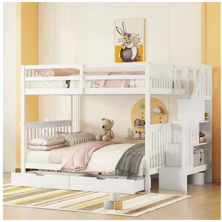 MODFU Etagenbett Kinderbett (Treppenregal, ausgestattet mit zwei Schubladen, hohe Geländer, 140*200cm), ohne Matratze weiß