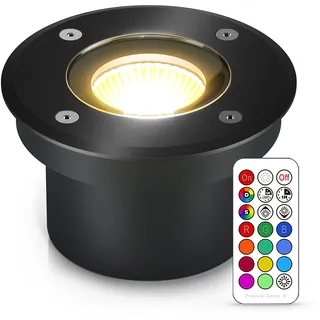 lambado® Flacher LED Bodenstrahler RGB für Aussen mit Farbwechsel dimmbar inkl. Fernbedienung - Schwarz runde Bodenleuchte/Bodeneinbaustrahler IP67 - Wasserdicht & Befahrbar