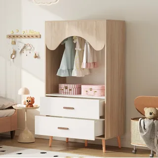 Offener Kinder-kleiderschrank Aus Mdf In Weiß Und Natur, Mit Kleiderstange Und 2 Schubladen, 80 X 46 X 141,5 Cm