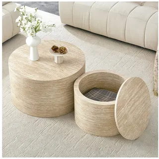 Celya Couchtisch Runde Beistelltisch mit Stauraum, ca. 62,8cm/44cm Durchmesser (2er-Set, Wohnzimmer Beistelltisch mit abnehmbarem Deckel und Hohlraum) beige