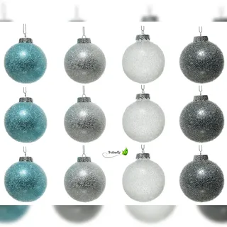 Christmas Decorations Weihnachtskugeln Frostoptik Kunststoff 8cm 12er Set Reifoptik Baumkugeln Christbaumschmuck Winterlook Türkis Silber Weiß