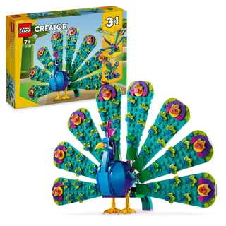 LEGO Creator 3in1 Exotischer Pfau, Set mit Spielzeug-Tieren, Pfau, Libelle und Schmetterling, Vogel-Spielzeug, Kinderzimmer-Deko, Geschenk für Mä...