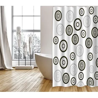 MSV Duschvorhang Cotexsa CIRCULOS Breite 180 cm, Premium Textil-Duschvorhang, Made in Spain, 100% Polyester, wasserundurchlässig, Anti-Schimmel-Effekt, Anti-Bakteriell beschichtet, waschbar 30°, 180 x 200 cm, Farbe weiß / schwarz schwarz|weiß