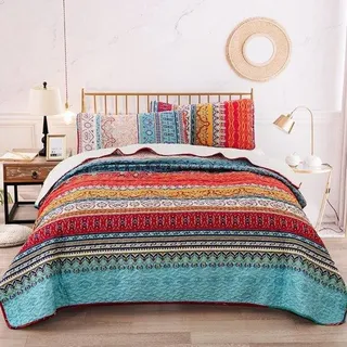 Famanu Bettdecke gestreift Boho-Muster - Doppelbett 220 x 240 cm