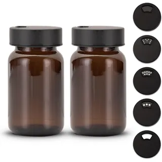Koffs Design 2 Stück Gewürzgläser – Premium Gewürzglas aus Braunglas | Gewürzstreuer Set | Gewürzdosen mit Deckel und UV-Schutz | Gewürzbehälter mit Edelstahl-Streudeckel, 150ml