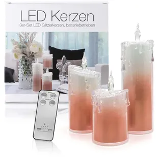 LED Universum - LED Acryl Glitzerkerzen Set „Liza“, 13,5 cm | 17 cm | 24 cm, inkl. IR-Fernbedienung & Timer, Batteriebetrieben je 3 x AAA (nicht inkl.) (3er Set Rot)