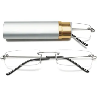 Lanomi Mini rahmenlose Lesebrille Blaulichtfilter Schmal Damen Herren Ultraleichte Rechteck Randlos Lesehilfe Klein Brille mit MetallEtui Silber 2.5 - S