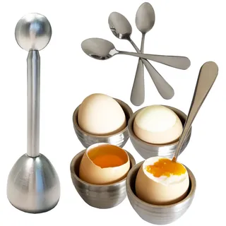 PALAKATE Eierbecher Set, 4 Eierbecher aus Edelstahl, 4 Eierlöffel, 1 Eieröffner, spülmaschinenfest