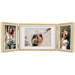 SIMDAO Bilderrahmen Collage für 3 Fotos, Bilder Holzbilderrahmen mit Glasscheibe, Multirahmen für Hochzeit, Familie, Baby, Hellbraun, 2Stück10x15cm + 1Stück13x18 cm