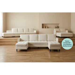 Dorel Home Wohnlandschaft LINDHUS, Chenille, Modulsofa, verschiedene Stellvarianten, Breite als U-Form (254cm) mit Verbindern fixierbar, Recamiere,Stauraum beige
