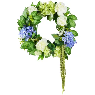 Vevor Künstlicher Dekokranz, 58,42cm, Blau-Weiß-Grün, dekoriert mit Hortensien, Rosen, Beeren, Ranken, Türkranz ganzjährig, für drinnen & draußen, als Dekoration für Hauswände, Fenster & Festivals