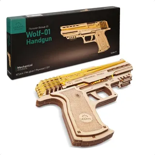 UGEARS Wolf-01 Gummiband Pistole aus Holz - 3D Puzzle Modellbausatz Holzpistole mit Gummibändern - DIY Modellbau Set für Kinder und Erwachsene