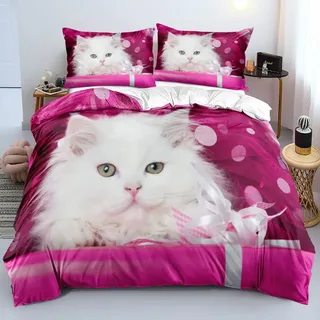 DXHOME Katzen Bettwäsche 135x200 3D Haustier Chinchilla Wendebettwäsche 2 teilig Flauschige Weiche Weiß Rosa Mikrofaser Bettwäsche Kinder Mädchen Jungen mit Reißverschluss und 80x80 cm Kissenbezug