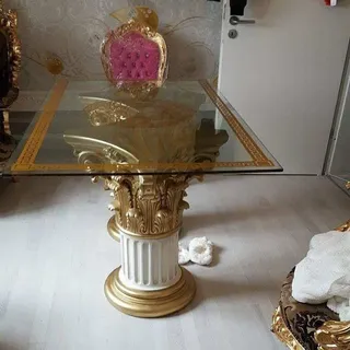 Goldi Esstisch Glastisch, Säulentisch, Designertisch Wohnzimmertisch Kanzleitisch, Praxistisch 100% Handgefertigt Antik Stil Retro Medusa Mäander... - Weiß/Gold
