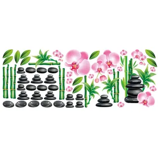 GRAZDesign Wandsticker Set Badezimmer Wellness Massagesteine Bambus und Orchideen Blüten, Wandtattoo 150x57cm