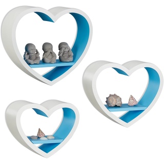 Relaxdays Wandregal Herz 3er Set, romantische Herzform Dekoregale, schwebende Wandablage bis 6 kg belastbar, weiß-blau
