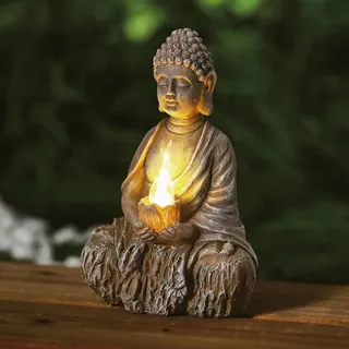 1x Solar-Buddha-Gartenstatue mit LED und Solarstrom - Buddha-Statue mit Kerze und Blume - 1 LED warm- oder kaltweiß - 19 cm hoch - Automatisches E...