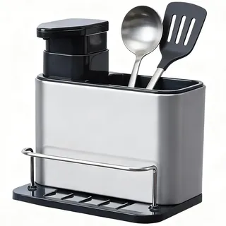 Qanye Besteckhalter aus Rostfreiem Edelstahl, Besteckorganizer für Küchenschubladen, Utensilienhalter mit Belüftung, Spülbecken Organizer für Spülmittel und Schwämme, Ordnung Küche, 18.8x18x12.8cm