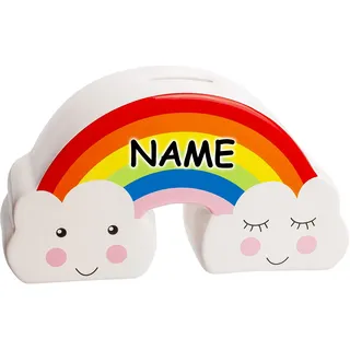 alles-meine.de GmbH große Spardose - Regenbogen - 19 cm - mit Verschluss - incl. Name - stabile Sparbüchse - aus Keramik/Porzellan - für Kinder & Erwachsene/Sparschwein/LUS..