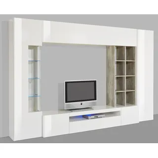 OTTO home Wohnwand OTTO HOME "New Egypt, Anbauwand, Medienwand, Wohnzimmerwand", weiß (weiß hochglanz lackiert, beton, optik matt), B:290cm H:190cm T:40cm, Glas, Holzwerkstoff, Kastenmöbel-Sets, Wohnwand, 2 Klappen,2 kleineTüren,2 große Türen,Regalaufsatz Breite 
