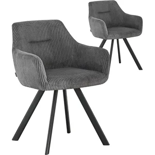 B&D home® Esszimmerstühle Cyrus 2er-Set – Polsterstuhl mit Armlehnen, Cordstoff Dunkelgrau, stabiles Metallgestell schwarz, moderner Industrial-Look für Küche, Esszimmer & Wohnzimmer