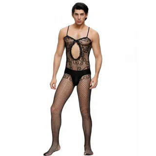 Lau-Fashion Lange Unterhose Träger Catsuit Bodystocking Netz Spitze Transparenz Dessous Gay S/M/L