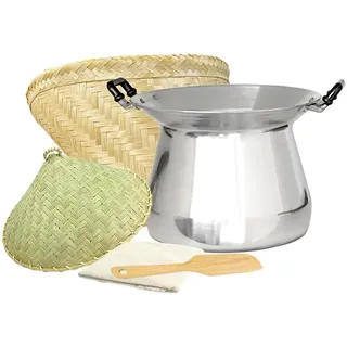 PANWA Sticky Rice Professionelles Kochgeschirr-Set, Thai-Kochgeschirr, Restaurantqualität, Dampfgarer, handgefertigter Bambus-Flügelkorb und Deckel, 61 cm Seihtuch der Güteklasse 90, und