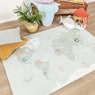 Little Olly Kinderteppich - Globe Mint - 120x170 cm - Krabbeldecke - Spielmatte - Kinderzimmer, Babyzimmer - Jungen - Mädchen