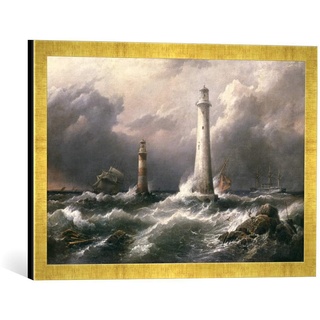 Gerahmtes Bild von Admiral Captain Richard Brydges Beechey H.M.S. Lord Warden Off The Eddystone Lighthouses, Kunstdruck im hochwertigen handgefertigten Bilder-Rahmen, 60x40 cm, Gold Raya