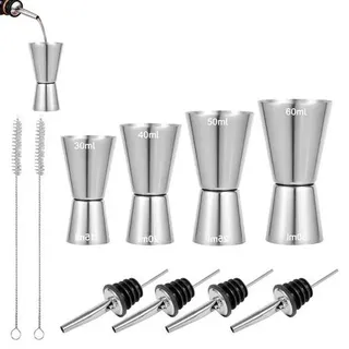 4 Stück Cocktail Messbecher Set aus Edelstahl, Doppelmaß Jigger 3 cl 4 cl 5 cl 6 cl, Barmaß mit 4 Flaschenausgießern und 2 Reinigungsbürsten, fü