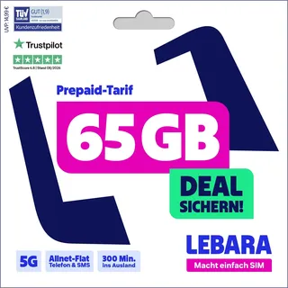 LEBARA Hello! 65 Prepaid SIM-Karte | Handy-Tarif ohne Vertrag | 65 GB inkl. 5G | Allnet Flat | 300 Minuten ins Ausland