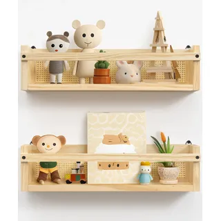 Petrala Wandregal Kinderzimmer Holz 2er Set bücherregal im Rattan Gitter Design Schweberegal für Organizer Küche Gewürzregal Wand Dekoration Aufbewahrungs Badezimmer Wohnzimmer