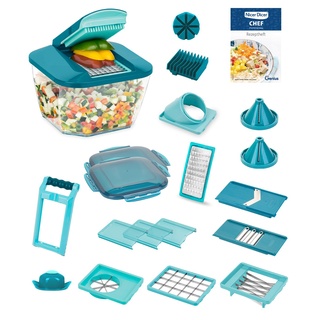 Nicer Dicer Chef Professional Gemüsescheider 23-tlg. Gemüsehobel manuell mit 5.2L großem Auffangbehälter Frischhaltedeckel, Spiraleinsätze, Tomatenschneider, Julienne, Salatschneider mit Rezeptbuch