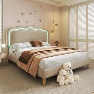 Flieks Polsterbett 140x200cm mit Lattenrost, Jugendbett Kinderbett mit Lattenrost, Doppelbett Holzbett Klassisches Bett, Leinen, Beige - Beige