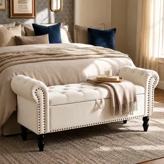 Clevich Sitzbank mit Stauraum 133 cm, Sofa Bench mit Gasdruckfeder | Samt Polsterbank Bettbank Beige, Aufbewahrungsbank mit Holzbeinen, Stauraumbank für Schlafzimmer, Wohnzimmer