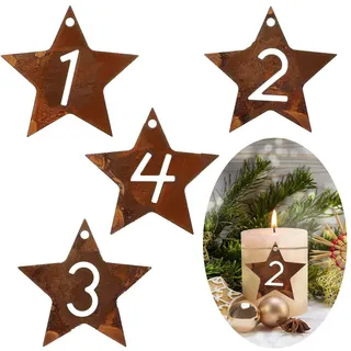 HERZONE Metall Adventszahlen 1-4 Adventskranz Zahlen Holz 1 2 3 4 für Kerzen Kerzenhalter Holz Anhänger Deko Kerzenstecker Weihnachten Kerzen Dekoration Adventsdeko (Sternen)